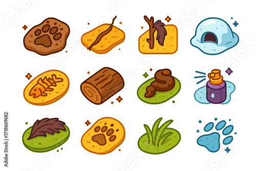 Colorful Mink Tracks Icons. Colorful isometric vector icons set of mink tracks and signs: paw print in mud, tail drag mark, fur snag on twig, burrow entrance