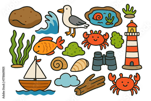 Coastal Doodle Delight. Colorful Hand-drawn doodle Children illustration Rocky shore stone, wave splash, seagull, tide pool, crab, seaweed, smiling fish, moss,