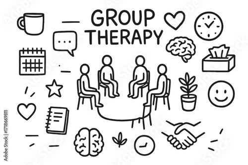 Therapy Session Doodles. Hand-drawn doodle illustration Group therapy [circle of chairs, people silhouettes, speech bubble, notebook, heart, brain, clock,