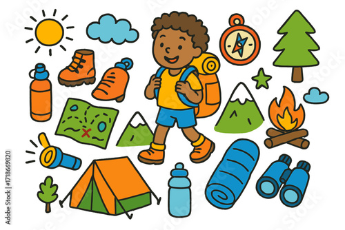 Children's Backpacking Adventure. Colorful Hand-drawn doodle Children illustration Backpacking Adventure [backpack, hiking boots, compass, map, tent, campfire,