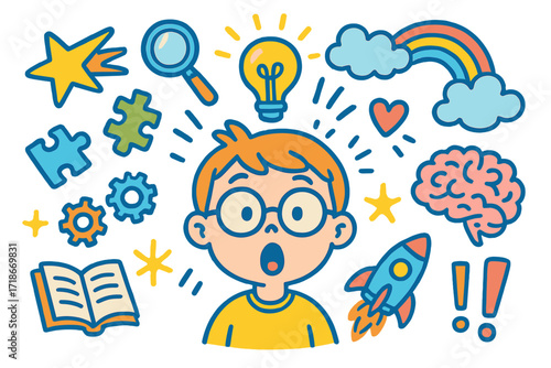 Doodle of Realization. Colorful Hand-drawn doodle Children illustration Sudden Realization [light bulb, shooting star, surprised face, glasses, magnifying