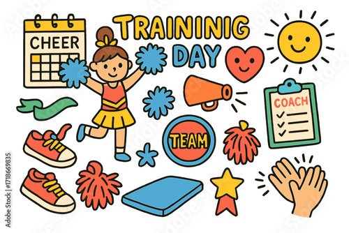 Cheerleader Training Doodles. Colorful Hand-drawn doodle Children illustration Cheerleader training day cheer calendar, stretching arms, pom-poms, heart face,
