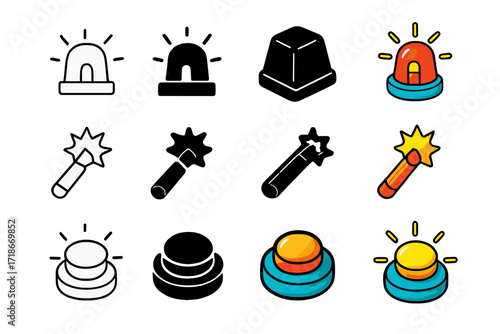 Emergency Light Icons. Icon Set of Emergency light: siren, flare, glowing button. Icons set in vector style, emblematic variations. Siren line, siren solid