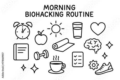 Morning Biohacking Essentials. Hand-drawn doodle illustration Morning biohacking routine [alarm clock, sun, glass of water, apple, yoga mat, dumbbell, heart,