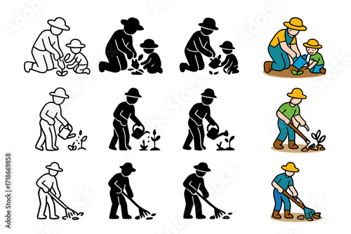 Yard Chores Icons. Icon Set of Yard chores: gardening with child, watering plants, raking leaves. Icons set in vector style, emblematic variations. Gardening