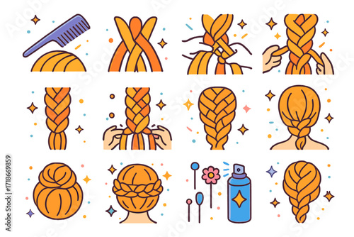 Braid Tutorial Icons. Colorful isometric vector icons set of braid tutorial steps: parting comb, three strands icon, step-by-step plaiting, pulling edges for