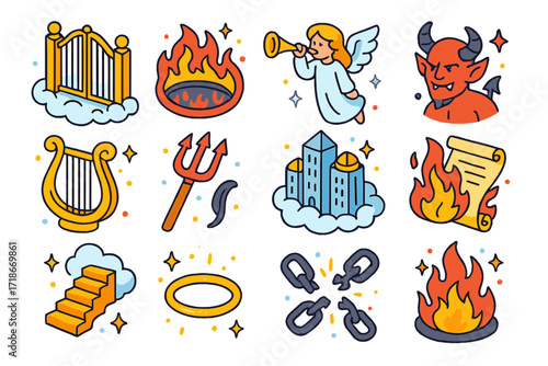 Heaven and Hell Icons. Colorful isometric vector icons set of heaven and hell in Christianity: pearly gates, flaming abyss, angel with trumpet, demon with