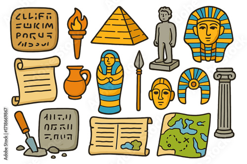Ancient Civilization Icons. Colorful Hand-drawn doodle Children illustration [Ancient civilizations research] [clay tablet, pyramid, torch, scroll, pottery,