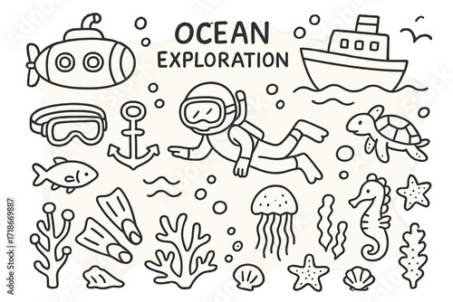 Ocean Exploration Doodle. Hand-drawn doodle illustration Ocean exploration [submarine, ship, diver, goggles, flippers, anchor, wave, bubble, fish, turtle,