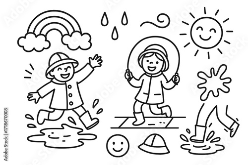 Kids' Rainy Day Fun. Hand-drawn doodle illustration kids outdoor fun in rain boots, puddles, rainbow, jumping legs, happy face, splash mark, rain