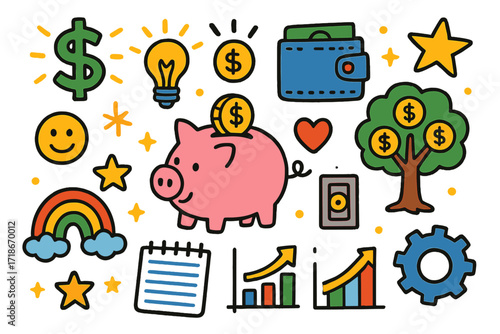 Wealth Habits Doodle. Colorful Hand-drawn doodle Children illustration Building Wealth Habits [piggy bank, tree with coins, wallet, safe, dollar sign, light