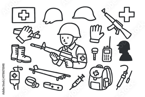 Frontline Medic Icons. Hand-drawn doodle illustration medic on the frontlines medic armband, helmet, rifle, boots, gloves, stretcher, backpack, radio, syringe,