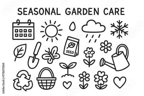 Seasonal Garden Icons. Hand-drawn doodle illustration Seasonal garden care [calendar, sun, cloud, snowflake, raindrop, leaf, shovel, sprout, seed packet,