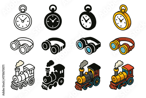Steampunk Icons Collection. Icon Set of Steampunk adventure basics: pocket watch, brass goggles, steam engine. Icons set in vector style, emblematic