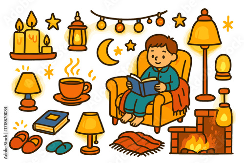 Cozy Evening Doodle. Colorful Hand-drawn doodle Children illustration Cozy evening lighting [candles, lantern, fairy lights, fireplace glow, table lamp, floor