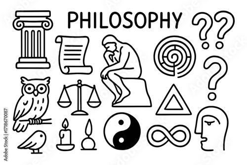 Philosophy Symbols Illustration. Philosophy. Hand-drawn doodle illustration Greek column, thinking statue, scroll, scales of justice, question mark, labyrinth,