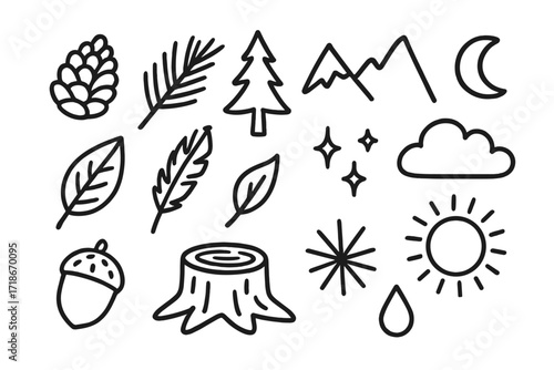 Pine Nature Doodles. Hand-drawn doodle illustration Pine Nature Symbols [pine cone, branch, needles, tree, mountain, star, moon, cloud, leaf,