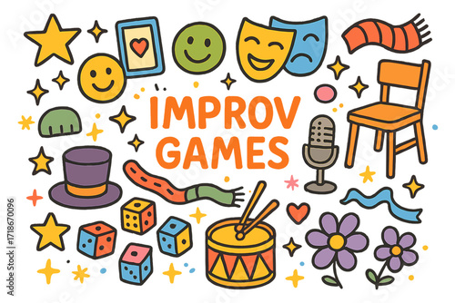 Improv Stage Doodle. Colorful Hand-drawn doodle Children illustration Improv Games stage, comedy mask, dice, cards, microphone, hat, scarf, chair, star,