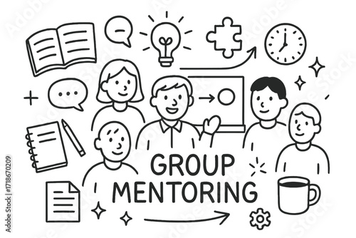 Group Mentoring Doodle. Hand-drawn doodle illustration Group mentoring [multiple figures, blackboard, book, notebook, pen, chat bubble, light bulb, document,