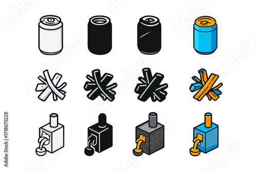 Metal Recycling Icons. Icon Set of Metal recycling: aluminum can, metal scrap, smelting furnace. Icons set in vector style, emblematic variations. Aluminum can
