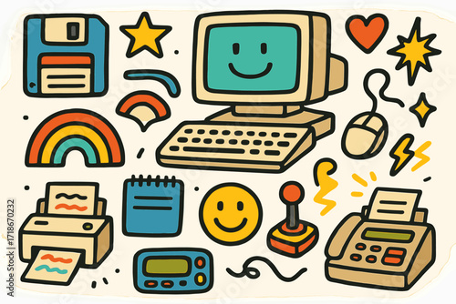 Retro Tech Doodles. Colorful Hand-drawn doodle Children illustration Retro Computers [floppy disk, desktop computer, CRT monitor, keyboard, mouse, joystick,