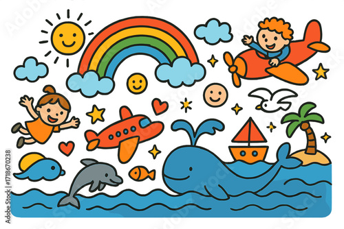 Whimsical Sea Adventure. Colorful Hand-drawn doodle Children illustration Soaring Over the Sea rainbow, waves, sun, clouds, airplane, fish, dolphin, whale,