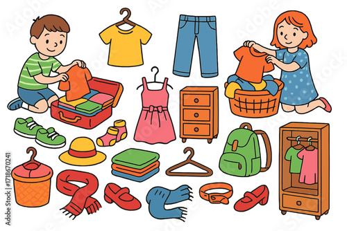 Children Packing Doodle. Colorful Hand-drawn doodle Children illustration Packing and unpacking clothes [suitcase, shirts, pants, dresses, shoes, socks, folded