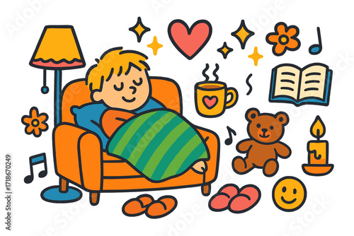Cozy Doodle Bliss. Colorful Hand-drawn doodle Children illustration Relaxing time sofa, pillow, blanket, cup of cocoa, slippers, lamp, heart, sparkles, star,