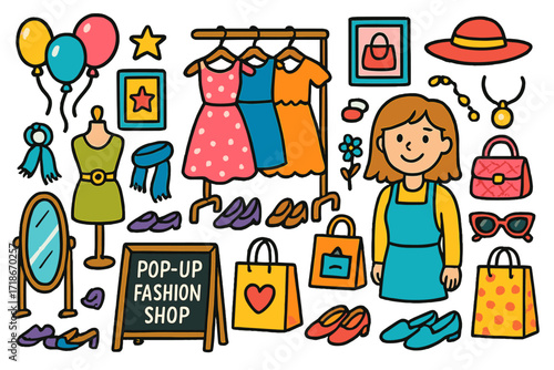 Colorful Fashion Pop-up. Colorful Hand-drawn doodle Children illustration Pop-up fashion shop clothes rack, dresses, shoes, hats, handbags, posters, balloons,