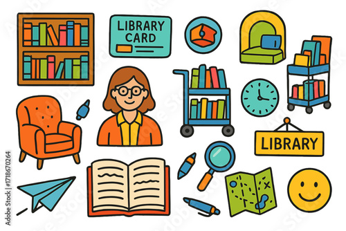 Library Cartoon Doodles. Colorful Hand-drawn doodle Children illustration Library bookshelves, library card, reading nook, librarian, cart of books, reading
