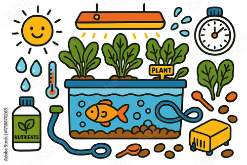 Indoor Aquaponic Farm Doodle. Colorful Hand-drawn doodle Children illustration Indoor aquaponic farm grow lights, leafy greens, fish tank, thermometer,