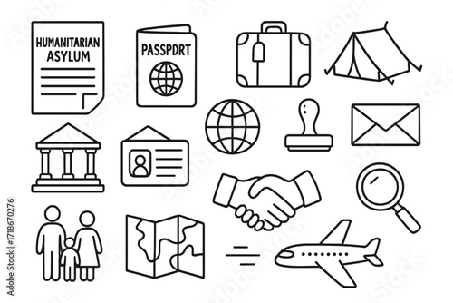 Asylum Application Doodles. Hand-drawn doodle illustration Humanitarian asylum applications, documents, passport, suitcase, tent, government building, globe,