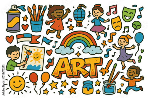 Vibrant Cultural Doodle Mural. Colorful Hand-drawn doodle Children illustration Cultural street art mural wall, spray paint can, brushes, dancers, musical