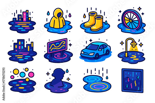 Neon Rain Reflections. Colorful isometric vector icons set of rainy neon reflections: puddle with city lights, raincoat reflection, glowing boots in water,