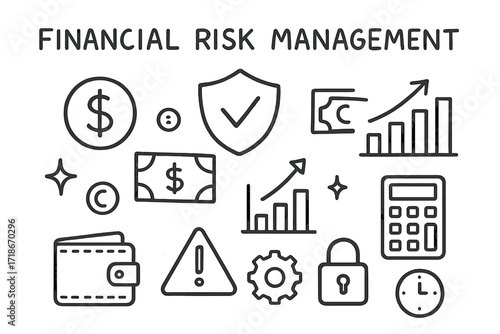 Financial Risk Doodle Icons. Hand-drawn doodle illustration Financial risk management [dollar sign, coin, banknote, shield, chart, bar graph, arrow,