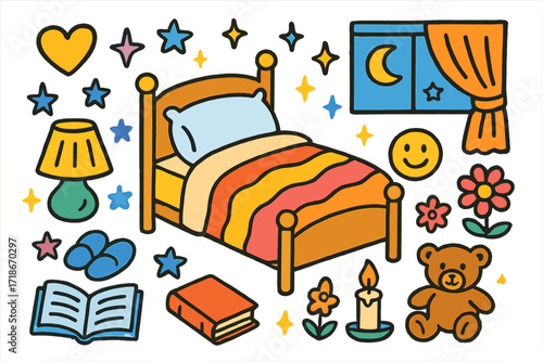Cozy Children's Bedroom Doodles. Colorful Hand-drawn doodle Children illustration Cozy bedroom bed, pillow, blanket, lamp, slippers, heart, star, book, flower,