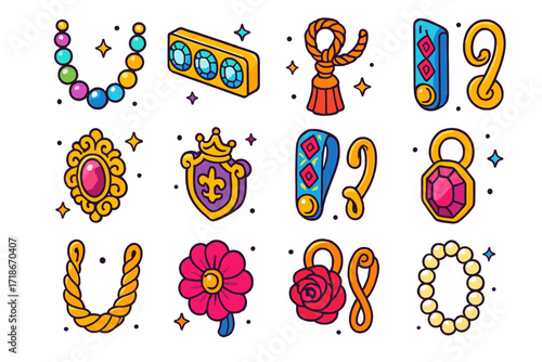 Luxurious Curtain Tiebacks. Colorful isometric vector icons set of luxurious curtain tiebacks: crystal bead strand, diamond-studded clasp, silk cord with