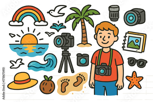 Sunrise Photo Doodle. Colorful Hand-drawn doodle Children illustration Sunrise photography session camera, tripod, lens, sunrise sky, palm tree, ocean wave,