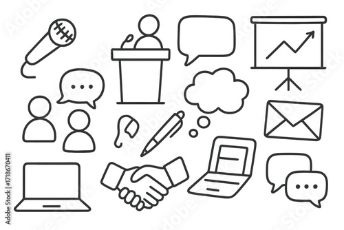 Public Speaking Doodles. Hand-drawn doodle illustration Public speaking, microphone, podium, speech bubble, presentation board, people talking, thought bubble,