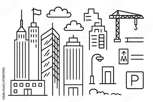 Skyscraper Cityscape Doodle. Hand-drawn doodle illustration Skyscraper skyline city tower, antenna, flag, glass reflection, clouds, stairs, elevator icon,