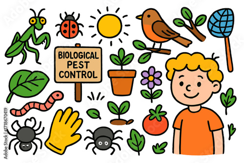 Garden Pest Control Doodle. Colorful Hand-drawn doodle Children illustration Biological pest control praying mantis, beetle, bird, spider, plant pot, smiling