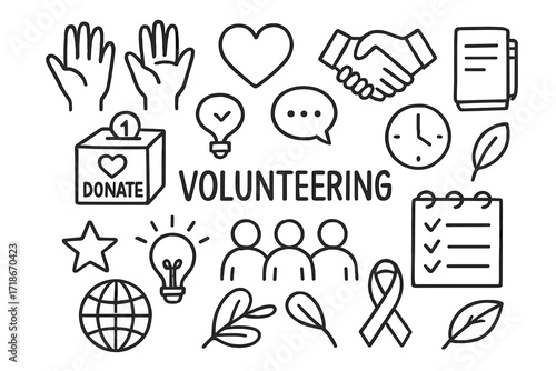 Volunteer Icon Doodles. Volunteering. Hand-drawn doodle illustration volunteering helping hands, heart, handshake, donation box, group of people, chat bubble,