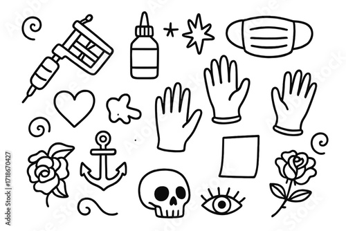 Tattoo Tools Doodle Icons. Hand-drawn doodle illustration Tattoo artist tattoo machine, ink bottle, needle, gloves, mask, spark, star, skull, rose, heart,