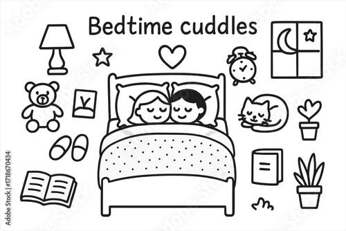 Bedtime Doodles. Hand-drawn doodle illustration Bedtime cuddles [bed, pillows, blanket, heart, lamp, book, clock, slippers, teddy bear, cat, moon, star, plant