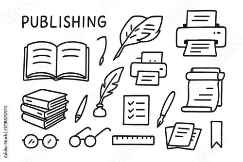 Publishing Essentials Icons. Print Design. Hand-drawn doodle illustration catalog cover, sketchbook, pencil, ruler, paper stack, ink bottle, typewriter,