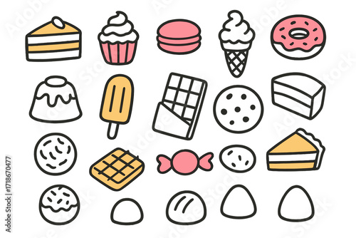 Colorful Dessert Doodles. Desserts. Hand-drawn doodle illustration desserts cake slice colored, cupcake, macaron colored, ice cream cone, donut colored,