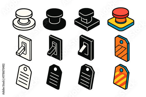 Emergency Tool Icons. Icon Set of Emergency Shut-off Tools: Panic button, Breaker switch, Lockout tag. Icons set in vector style, emblematic variations. Panic