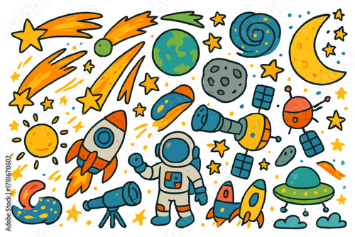 Doodle Meteor Adventure. Colorful Hand-drawn doodle Children illustration Meteor shower [shooting stars, comet, glowing trail, moon, planet, telescope, rocket,