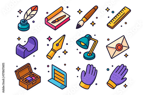 Traditional Writing Tools Grid. Colorful isometric vector icons set of Traditional writing tools: quill pen, ink pot, blotting paper, calligraphy brush, ruler