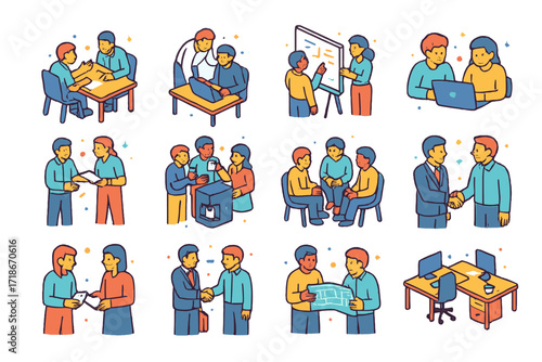 Colorful Workplace Icons. Colorful isometric vector icons set of close workplace interactions: two people discussing at desk, manager leaning near employee,